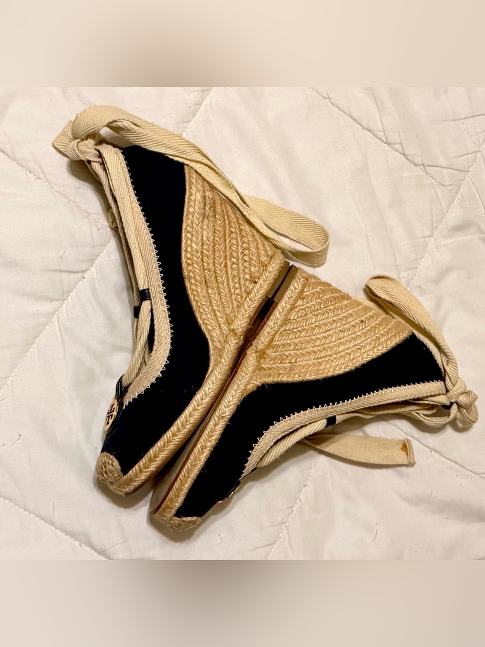 Tory Burch Wedge Espadrille Navy Blue Ankle Tie - Picture 2 of 9